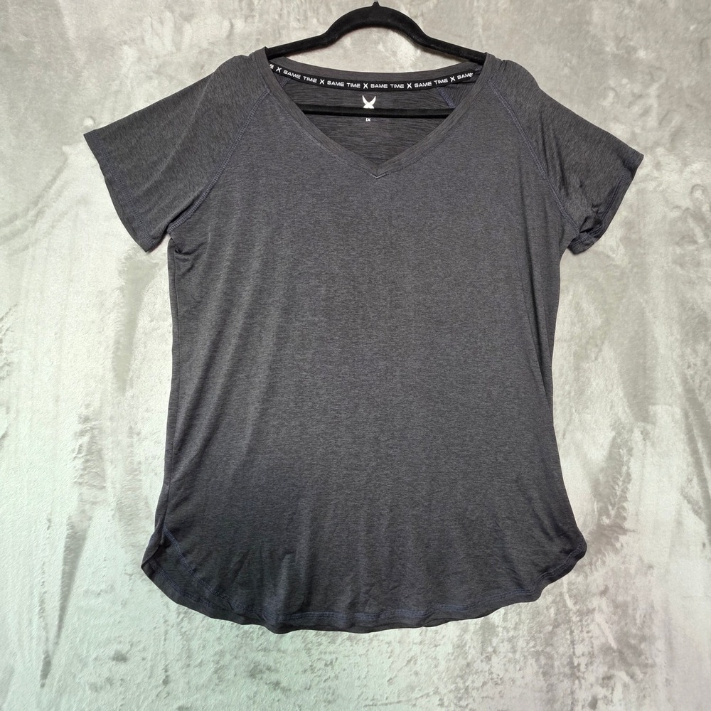 Game Time Womens V-Neck Active Top Heather Charcoal Grey Short Sleeve 1X